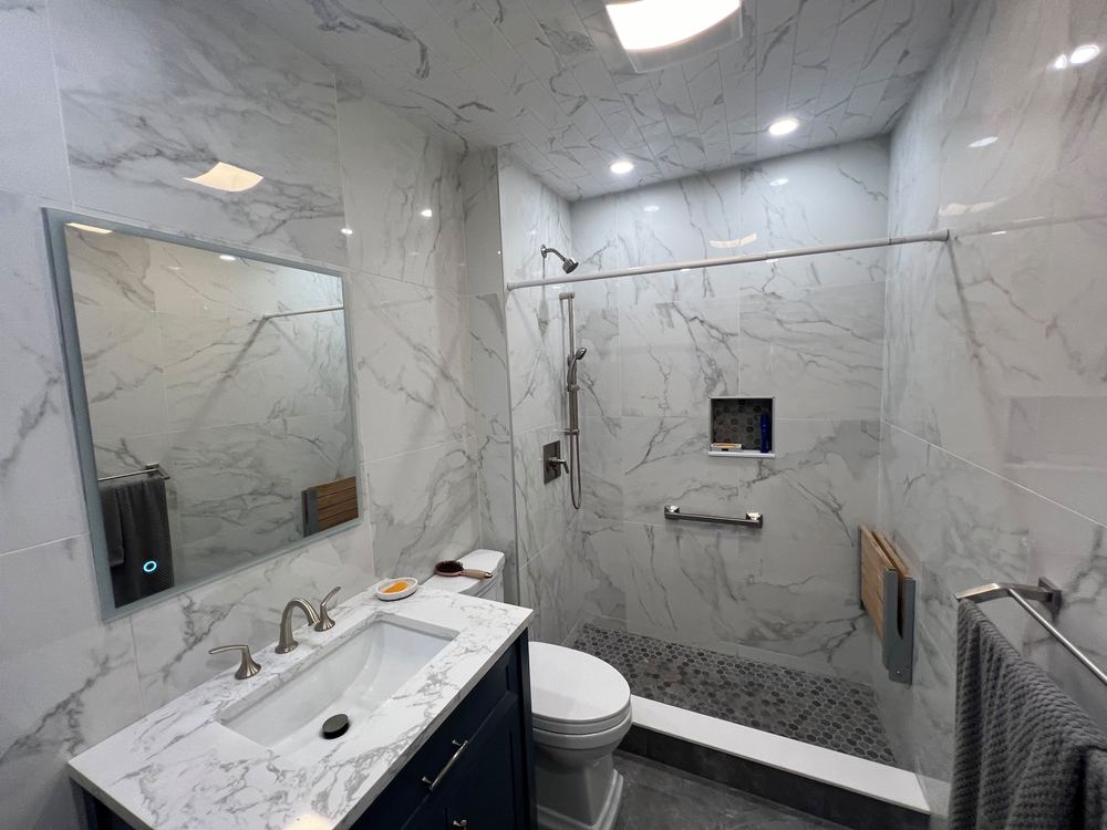 Marble Bath with Navy Vanity